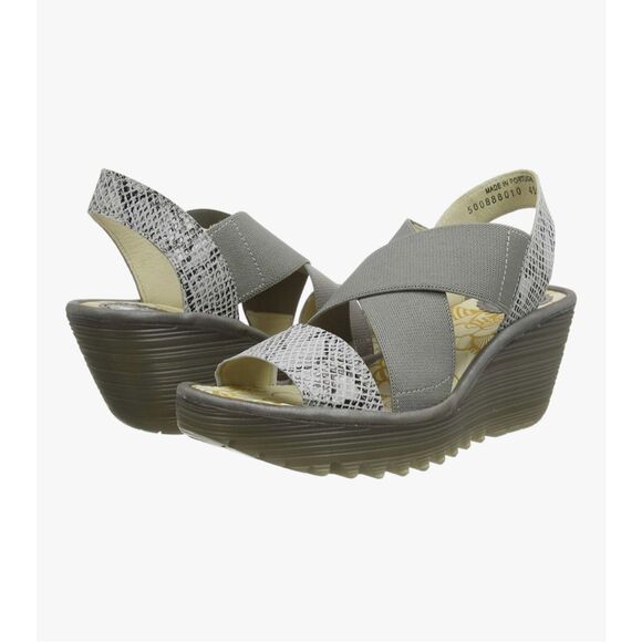 Fly London Yagi Elastic Leather Low Wedge Snake-print Sandal Grey Size 39 - Picture 1 of 12